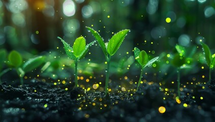 green sprouts on black soil, background of forest