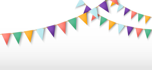 Triangle flag garland for birthday party banner. Fair string pennant bunting decoration to celebrate summer carnaval. Isolated 3d hanging triangular holiday paper border line. Welcome festival element - obrazy, fototapety, plakaty