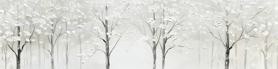 Ethereal White Forest in Winter Theme. Minimalist Snowy Tree Landscape in Monochrome