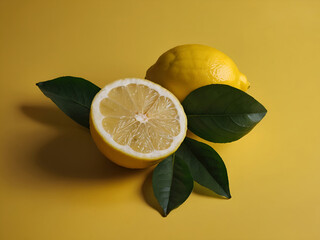 three lemons, one with the other half cut off Sunshine Citrus Ripe Juicy Lemons and Lush Green