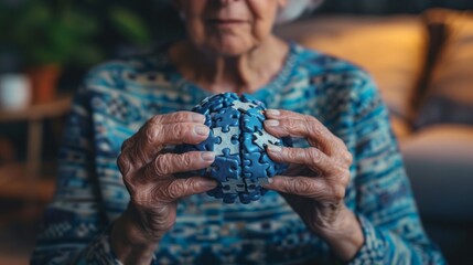 Elderly woman holds brain symbol of lost jigsaw puzzle World Alzheimer's disease, global mental health, memory loss Dementia Parkinson's disease