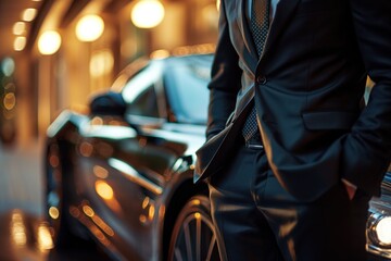 A rich guy in formal business suit which is standing in front of a supercar, successful businessman concept.
 - obrazy, fototapety, plakaty