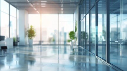 Beautiful blurred background image of a bright modern office interior with panoramic windows.