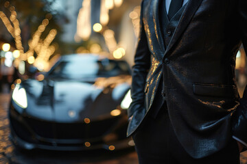 A rich guy in formal business suit which is standing in front of a supercar, successful businessman concept.
