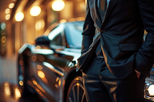 A rich guy in formal business suit which is standing in front of a supercar, successful businessman concept.
