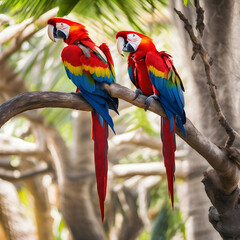 Two Scarlet Macaws perched on a tree branch, showcasing their feathers with a tropical background
