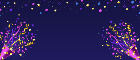 3d confetti popper for birthday party background. Carnival firecracker in yellow, pink and purple. Winning congrats cone with gold serpentine ribbon graphic design. New Year celebration petard