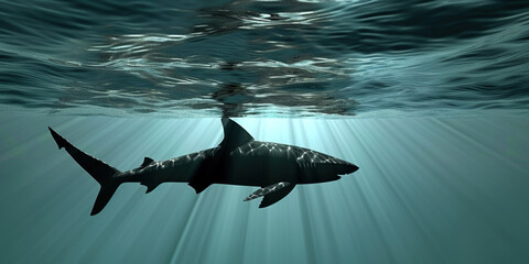 Shark fin on ocean surface in sunshine sunrise time. Sea marine wildlife predator danger for swimmers concept