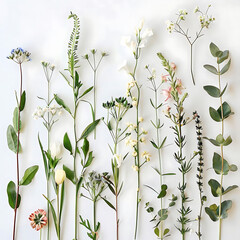 creative botanical design on white wall adorned with white and yellow flowers - obrazy, fototapety, plakaty