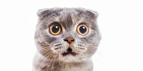 Portrait of a shocked gry cat with huge opened eyes on white background. Surprised with news with prices Black Friday 13th concept. Copy paste empty place for text