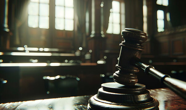 Law and Justice ConceptJudge gavel on table, closeup Wooden Judges Hammer on Table