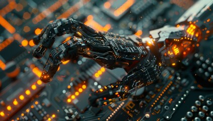 3d render of robot hands on circuit board