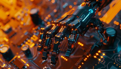 3d render of robot hands on circuit board - obrazy, fototapety, plakaty