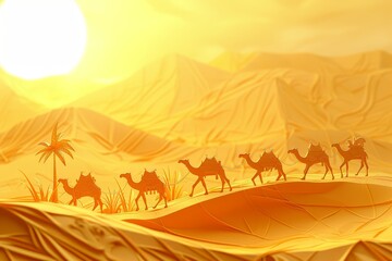 A group of camels are walking across a desert with a sky in the background