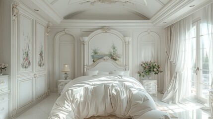 Fototapeta premium Elegant white master bedroom. Generative AI.