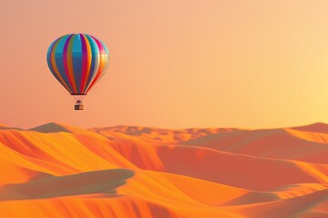 A colorful hot air balloon is floating over a desert landscape
