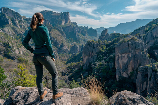 An adventurous woman traveler is caught in a moment of awe as she observes the majestic Mexican mountains, symbolizing youth and the spirit of travel