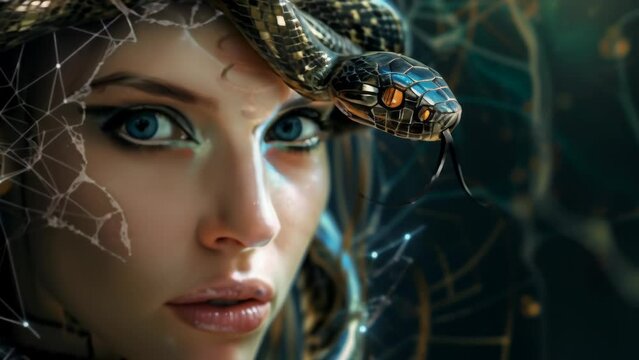 Striking blue eyes gaze through metallic snake adornments on the face. Blends human beauty with edgy, futuristic elements. Evokes a sense of mystery, technology, and an unconventional aesthetic.

