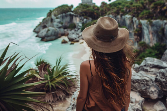 Against the backdrop of Mexico's rugged coastline, a youthful woman travels in thought, her hat suggesting a timeless journey and exploration