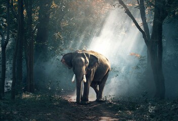 elephant in the forest with sun shine 