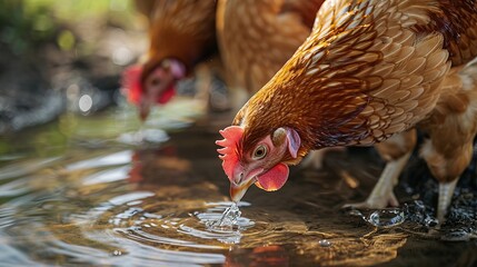 Chickens are drinking water in close farm, temperature and light control. copy space for text.