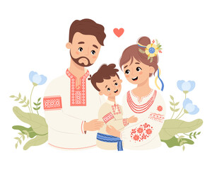 Happy Ukrainian family. Cute bearded man dad hugs his wife and son tenderly in traditional clothes embroidered shirt vyshyvanka. Vector illustration. Festive nation family