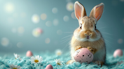 Easter rabbit with a pink egg among daisies on light blue.