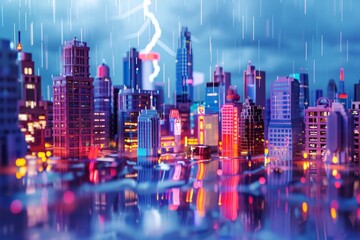 A cityscape with a bright red lightning bolt in the sky