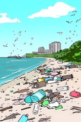 Polluted Coastal Landscape with Plastic Debris and Cityscape in the Background