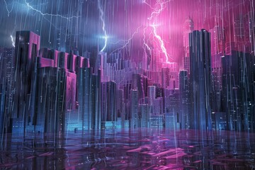 A cityscape with a bright red lightning bolt in the sky