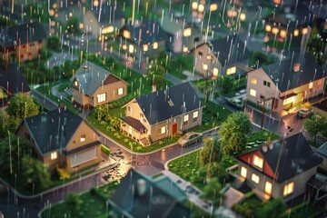 A small town is shown in the rain with houses lit up at night