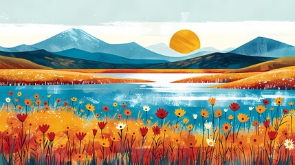 Sunshine and grass oil painting illustration poster background - obrazy, fototapety, plakaty