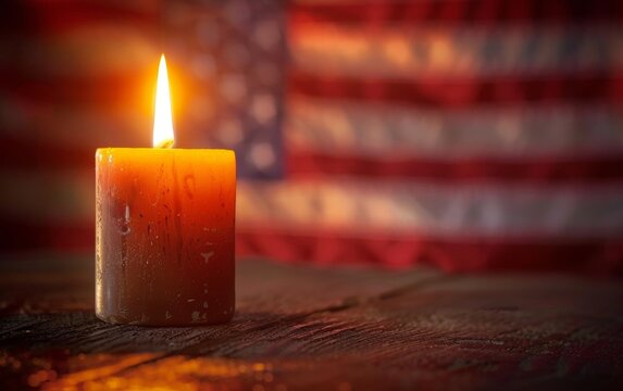 The flicker of a single candle with a subtle American flag backdrop offers a poignant symbol of remembrance and honor.