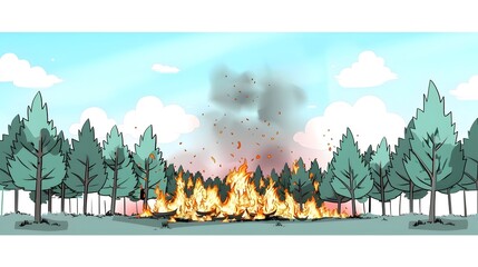 Raging Forest Wildfire Consuming the Treeline in a Fiery Blaze of Destruction Due to Climate Change - obrazy, fototapety, plakaty