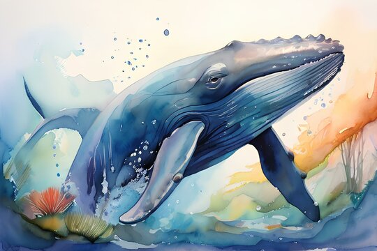 Draw an image of a whale in watercolor. Generative AI