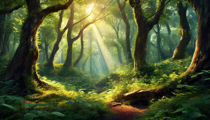 Majestic forest scene, realistic style, lush greenery, sunlight filtering through trees