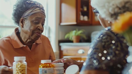 Satisfied elderly woman takes medicine while her caretaker gives advice on how to use it. Medicine for the elderly, nursing homes, home health care
