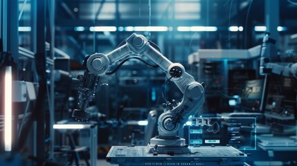 Engineers use cyber robot software to control industrial robot arms in factories The automated production process is controlled by experts using Internet-connected IOT software.
