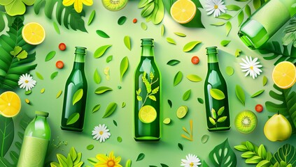 flat vector illustration background with green leaves - obrazy, fototapety, plakaty