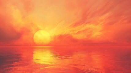 Fiery sunset over ocean, sky ablaze with warm hues, sun reflects on tranquil waters.