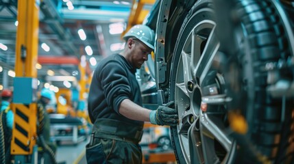 Fototapeta premium A motor vehicle in a factory, focusing on automotive parts such as the tire, engine hood, and others.