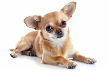 Chihuahua puppy poses on white background, adorable and playful.