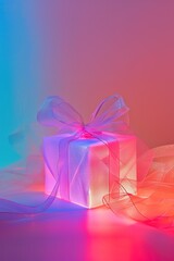 A gift wrapped with iridescent paper and ribbon against a pink and blue gradient background.