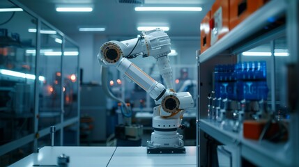 Engineers use cyber robot software to control industrial robot arms in factories The automated production process is controlled by experts using Internet-connected IOT software.