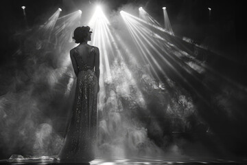 A young woman in a 1930s evening gown, singing on a stage