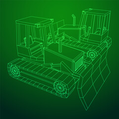 Big front-end loader bulldozer. Heavy equipment machine and manufacturing equipment for mining. Wireframe low poly mesh vector illustration.