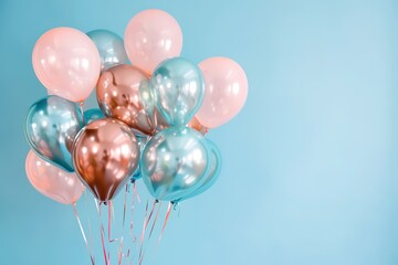 Bunch of pastel balloons on a blue background, festive mood.