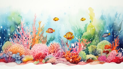 Obraz na płótnie Canvas Capture a vibrant underwater world in a frontal view watercolor painting, blending realism with a touch of whimsical cartoon Include playful marine life in a minimalist style