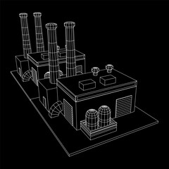 Industrial factory. Plant or Factory Building. Manufacturing building. Wireframe low poly mesh vector illustration.