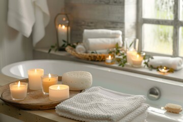Fototapeta na wymiar Spa bathroom ambiance with candles towels and serene